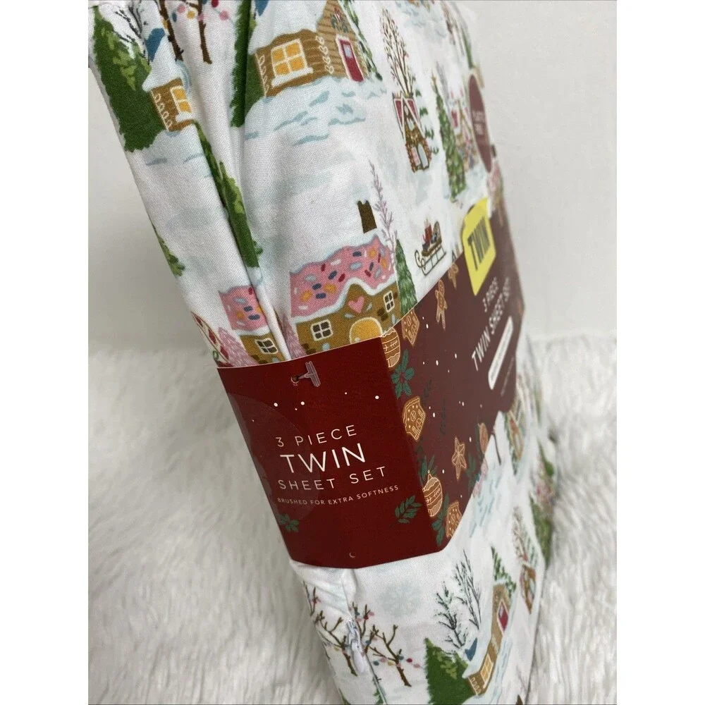 Envogue Gingerbread Town House Twin Sheet Set Christmas Pastel 3 Pieces Holidays